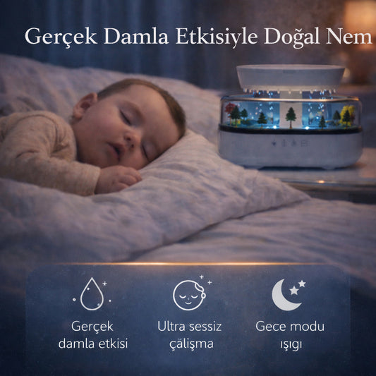 Yupbo RainCare™ – Bebek ve Çocuk Odaları İçin Doğal Yağmur Hissi Sunan Damla Akışlı Nemlendirici